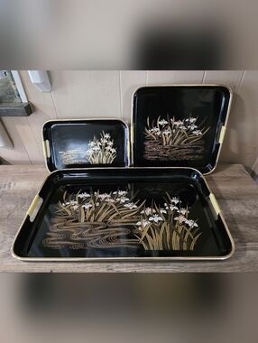 Vintage Black & Gold Floral Lacquered Serving Trays
